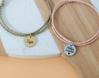 Bracciale liberty personalizzato in cordoncino di cotone con medaglie d'oro da incidere • Bracciale con nome, regalo di nascita, regalo di mamma, festa della mamma