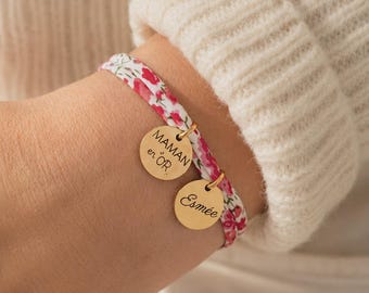 Personalized Liberty cotton cord bracelet with engravable gold medallions • Name bracelet, Baby gift, Mother's Day gift