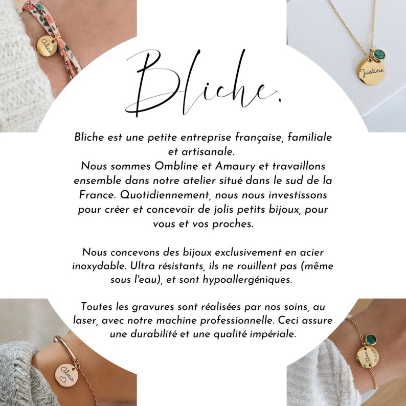 May include: A close-up of a product description for a French jewellery company called Bliche. The text describes the company as family-owned and handmade. The text also describes the jewellery as being made of stainless steel and hypoallergenic. The image also shows three pieces of jewellery: a gold necklace with a green stone and the name "Justine" on a tag, a gold bracelet with the name "Alice" on a tag, and a gold bracelet with the name "Alma" on a tag.