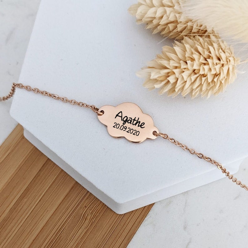 Bracelet with cloud medal to engrave in stainless steel Personalized bracelet, Birth gift, Mom gift, Valentine's Day, child image 2