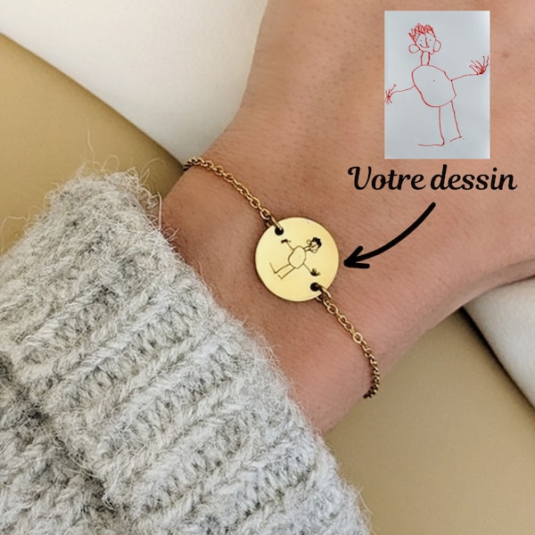 Bracelet avec médaille personnalisable avec le dessin de votre enfant • Bracelet personnalisé, Cadeau naissance, Cadeau maman,Saint Valentin