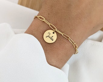 Bracciale a maglie personalizzato con medaglia e pietra portafortuna • Bracciale personalizzabile, regalo nascita, regalo mamma, nome