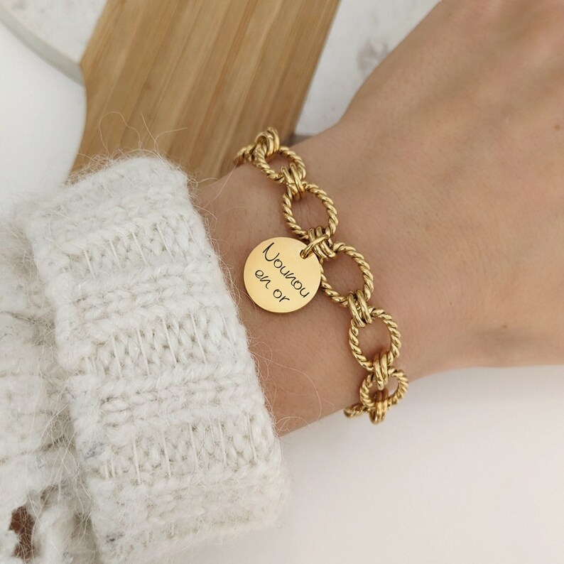 Bracelet with medal to engrave with large mesh chain Personalized bracelet, Birth gift, Mom gift, Valentine's Day, Christmas image 1