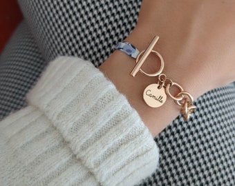 Bracelet personnalisé avec cordon liberty et chaine, médaille à graver et grand fermoir • Bracelet prénom, Cadeau naissance, cadeau maman