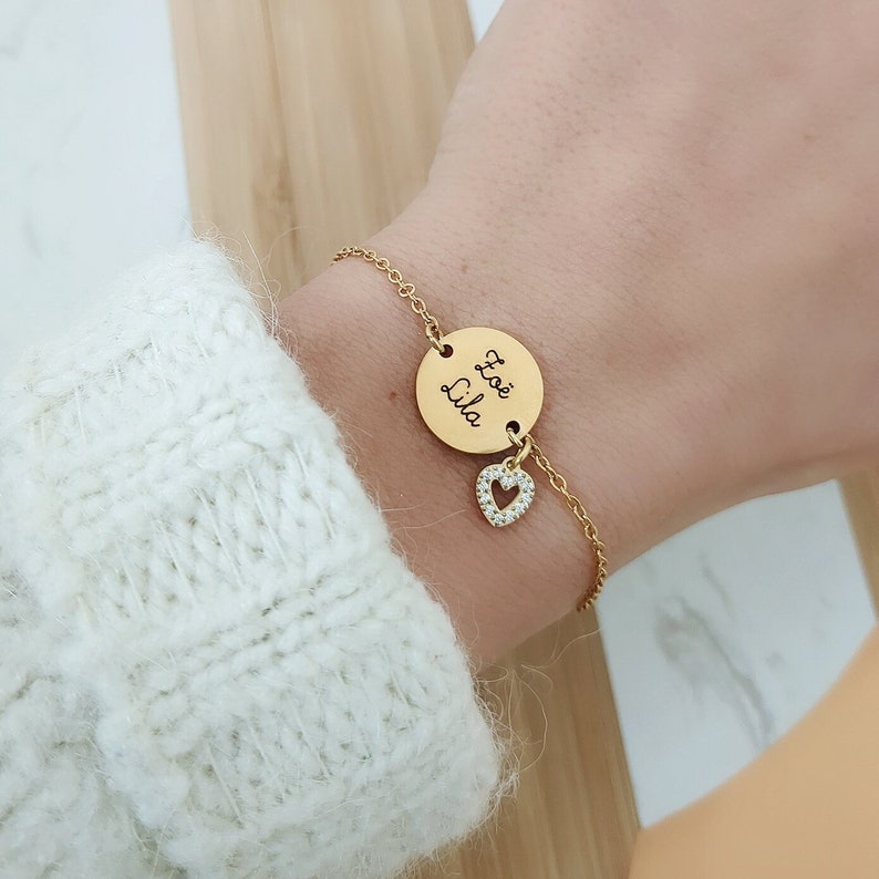 Bracelet with medal to engrave with gold stainless steel chain Personalized bracelet, Birth gift, Mom gift, Valentine's Day image 1