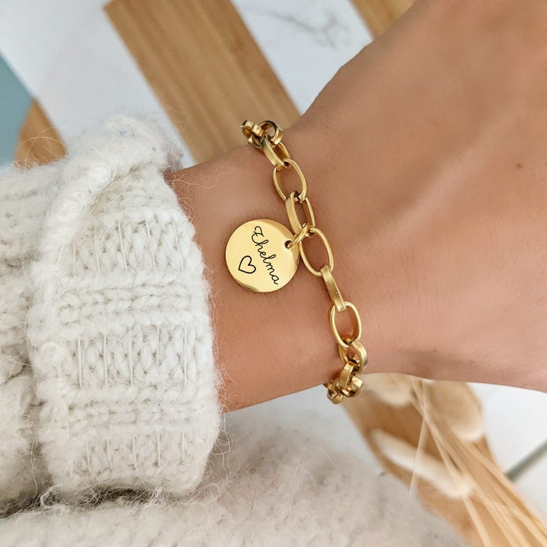 Bracelet with medals to engrave with large mesh chain Personalized bracelet, Birth gift, Mom gift, Valentine's Day, Christmas image 1