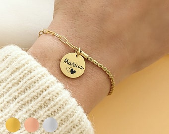 Stainless steel chain bracelet with engravable medallion • Personalized bracelet, baby shower gift, gift for mom, godmother gift