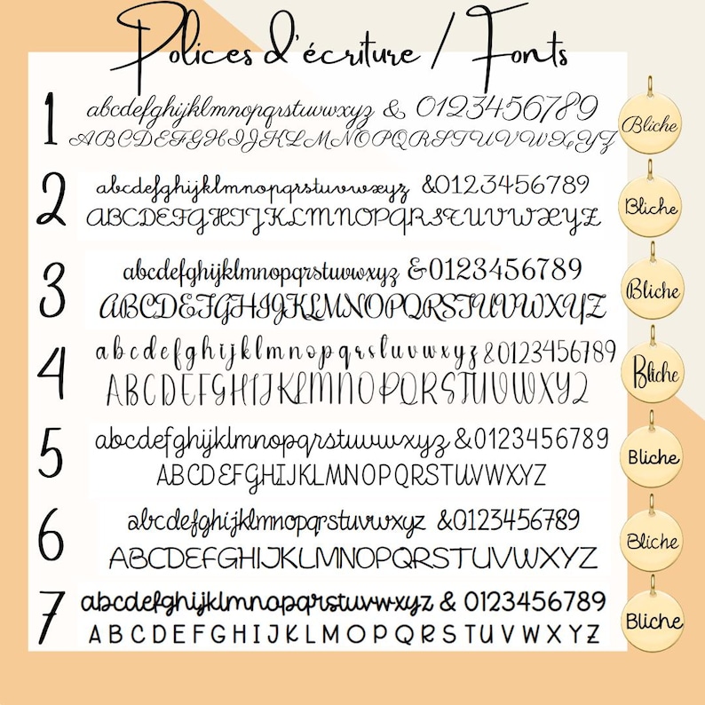 May include: A chart displaying seven different fonts, each labelled with a number from 1 to 7. The fonts are shown in both lowercase and uppercase letters, along with numbers and the ampersand symbol. Each font is accompanied by a small, round, gold-coloured tag with the word "Bliche" printed on it.