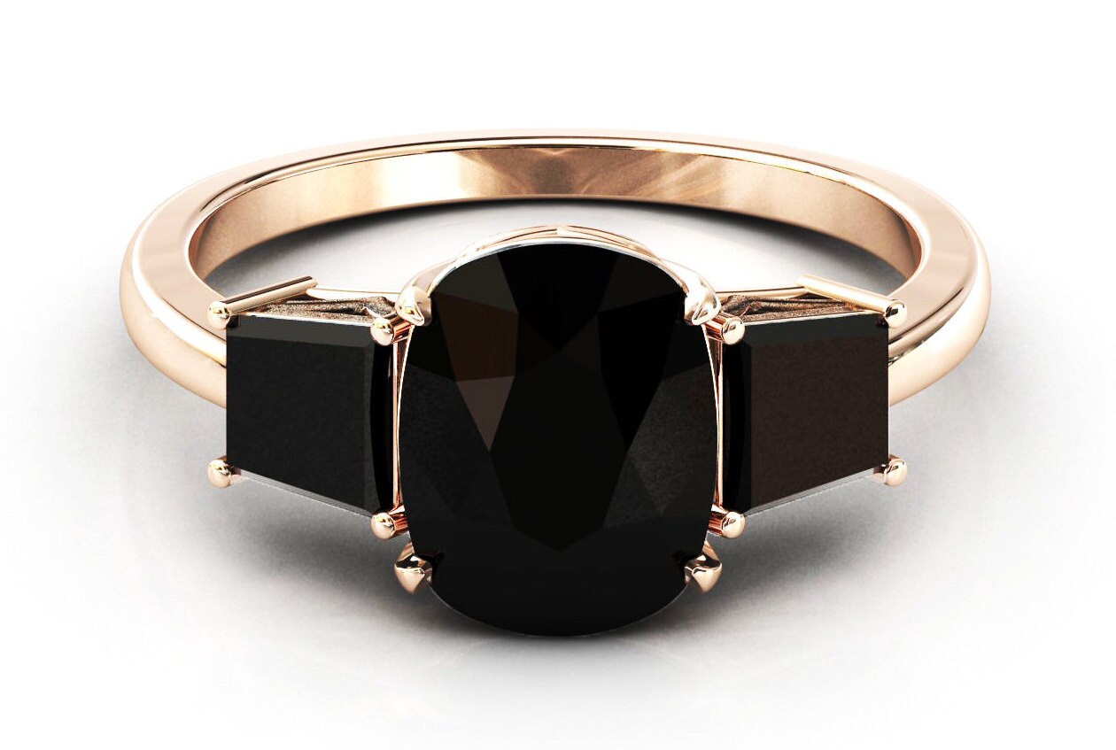 Elongated Cushion Black Onyx Engagement Ring Three Stone | Etsy