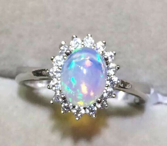 Opal Engagement Ring 14k Gold Opal Bridal Ring Opal Halo | Etsy