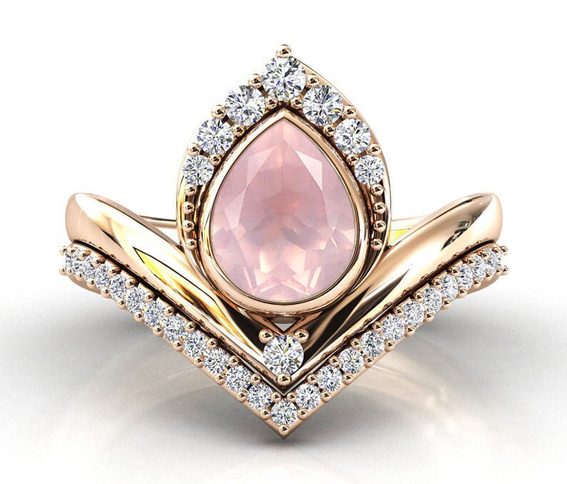 Rose Quartz Engagement Ring Set Art Deco Rose Quartz