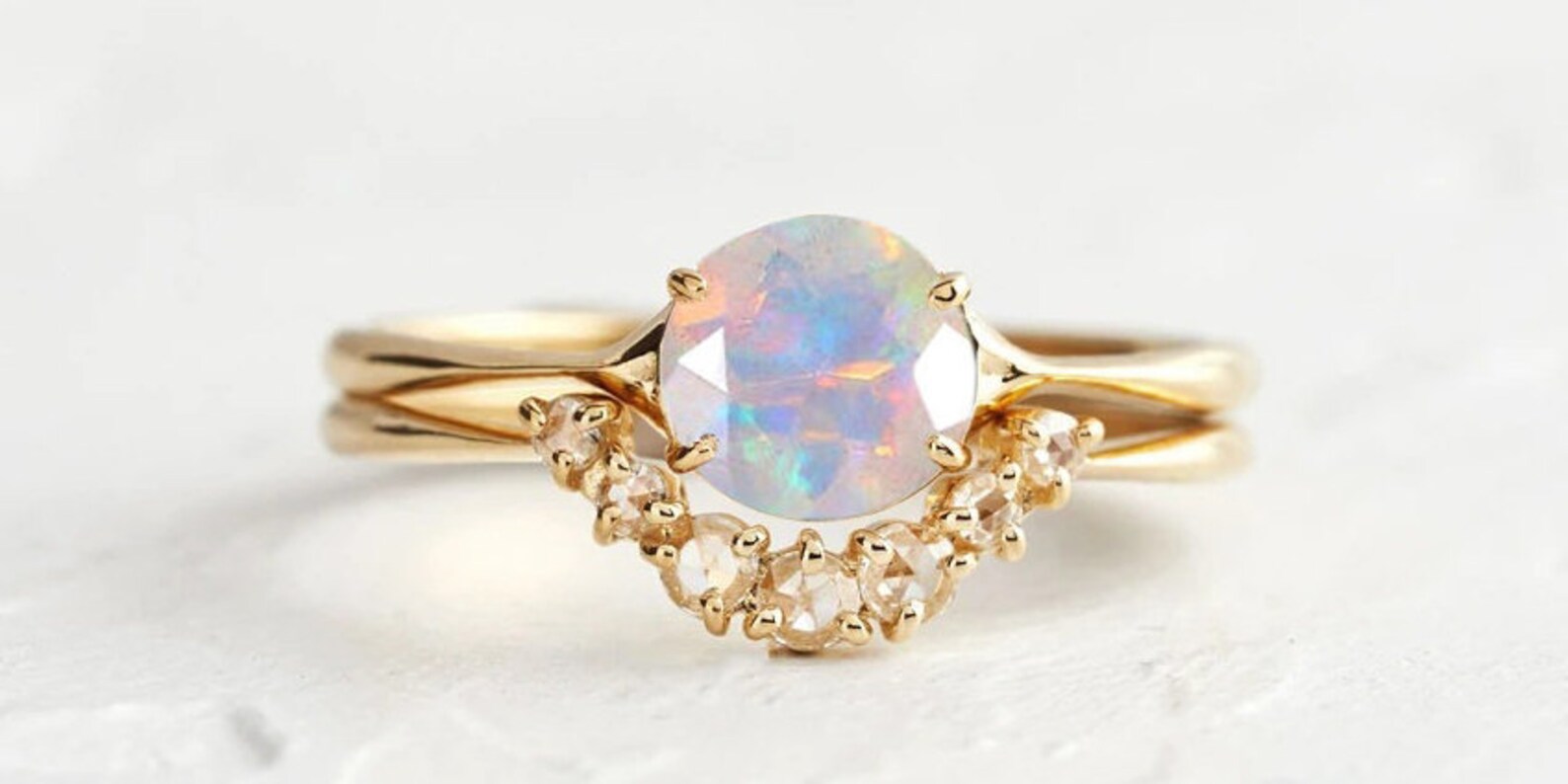 Dainty Opal Engagement Ring Set 14k Gold Opal Wedding Ring Set Etsy