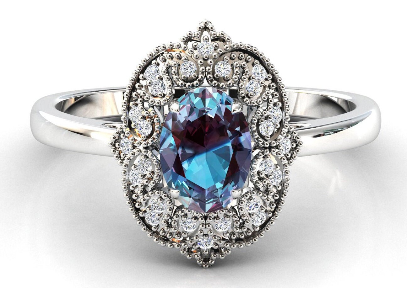 Lab Alexandrite Engagement Ring Antique Alexandrite Wedding Etsy