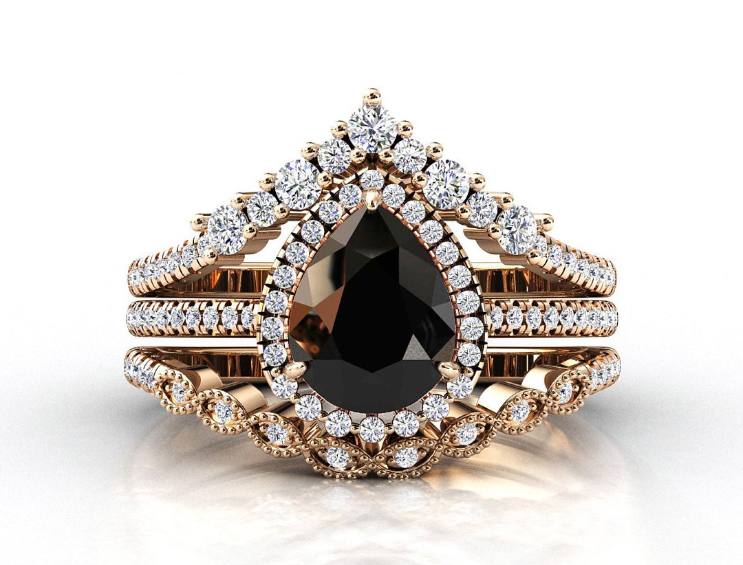 Black Onyx Wedding Ring Set Vintage Black Onyx Engagement Ring Etsy