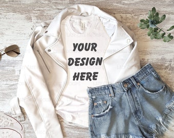 White T-shirt Mock Up Bella Canvas 3001 White leather Jacket Image Flat Lay Girly Adult Blank Digital Instant Download Shirt Illustration