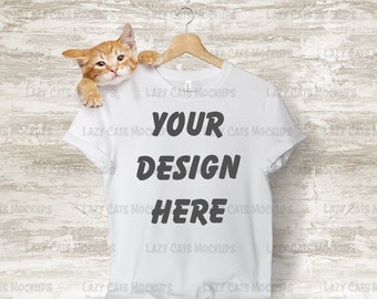 WhiteT-shirt Mock Up Bella Canvas 3001 with Cat Tshirt Mockup Image Flat Lay Adult Tee Blank Digital Instant Download Shirt Illustration