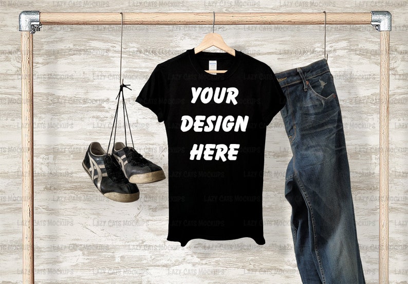 Download Black Gildan 64000 Mock up T-shirt Mock-up Shirt on Hanger ...