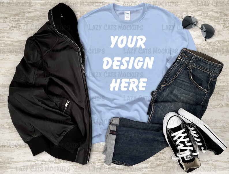 Download Light Blue Sweatshirt Mock Up Gildan 18000 With Leather Jacket Etsy