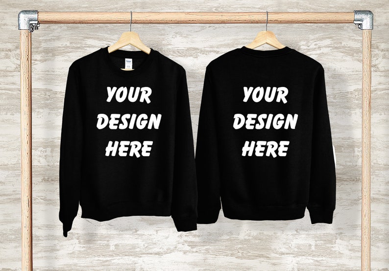 Download Black Crew Neck Mock Up Gildan 18000 Back Front on Hanger | Etsy