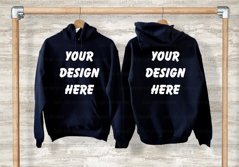 Navy Hoodie Mock up Back Front on Hanger Image Adult Shirt Blank ...