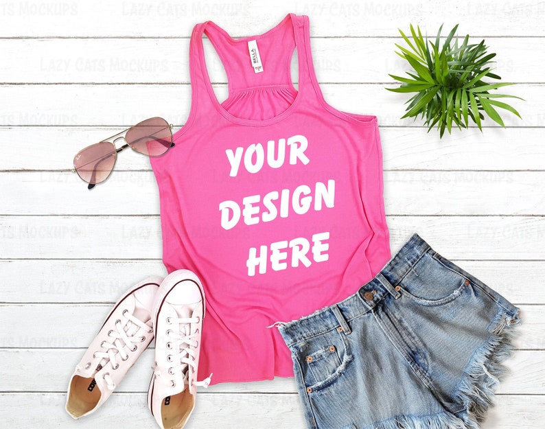 Download Neon Pink T-shirt Mock Up Bella Canvas 8800 Racerback Flat Lay | Etsy
