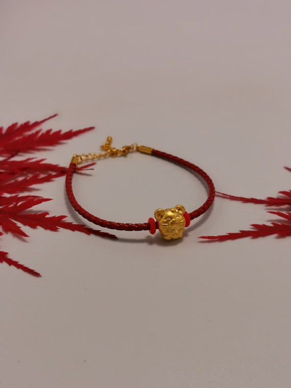 24K Real Gold Bracelet 3D Zodiac Mouse For Women Red Color Rope Knitted Lucky