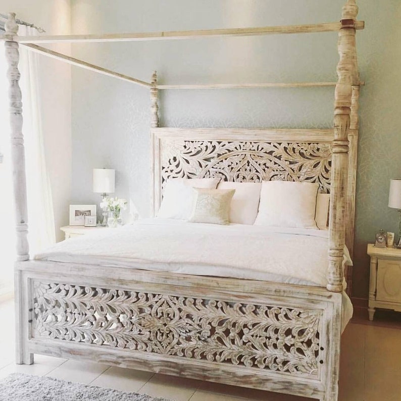 Carved Wooden Headboard Poster Canopy Bed Etsy