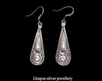 925 Sterling Silver Filigree Earrings – Vintage Boho Drop Earrings – Handmade Ethnic Statement Jewelry