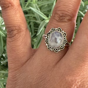 Könnte beinhalten: Ein silberner Ring mit einem ovalen, schillernden Edelstein. Der Edelstein ist in einer dekorativen, durchbrochenen Lünette gefasst. Der Ring wird vor einem Hintergrund aus grünem Laubwerk gezeigt.