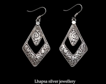 925 Sterling Silver Filigree Earrings – Vintage Boho Drop Earrings – Handmade Ethnic Statement Jewelry