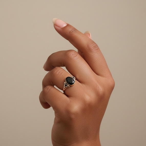 Black Zircon Ring 925 Sterling Silver • EU 53 Elegant Protection Stone • Minimalist Healing Gemstone Jewellery Gift for Her