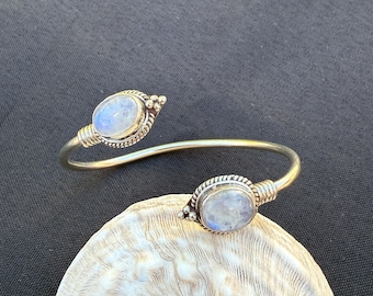 Moonstone Gemstone Bracelet | 925 Sterling Silver Adjustable Cuff | Handmade Rainbow Moonstone Jewelry