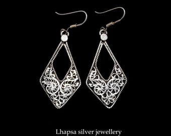 925 Sterling Silver Filigree Earrings – Vintage Boho Diamond Drop Earrings – Handmade Ethnic Statement Jewelry