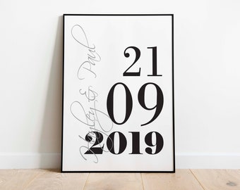 Impresión personalizada de fecha A4 - Impresión de fecha de pareja - Impresión del día de la boda - Impresión A4 - Decoración del hogar - Tipografía - Ilustración - Obra de arte - A4