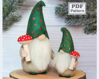 Forest gnome with mushroom sewing pattern - PDF pattern 2 Sizes - Felt Gnome with a toadstool sewing tutorial - DIY HandMade Gnome