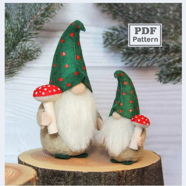 Forest gnome with mushroom sewing pattern - PDF pattern 2 Sizes - Felt Gnome with a toadstool sewing tutorial - DIY HandMade Gnome
