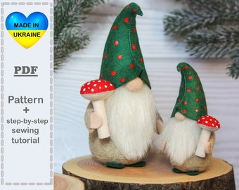 Forest gnome with mushroom sewing pattern - PDF pattern 2 Sizes - Felt Gnome with a toadstool sewing tutorial - DIY HandMade Gnome