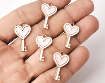 10 Baby Pink Heart Key Enamel Charms – DIY Jewelry Supplies
