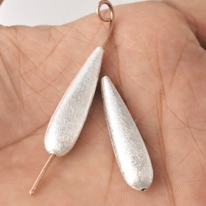 37mm - 2pc Silver teardrop beads brushed long dangle earring findings for jewelry making, silver plated beads top to bottom drilled
