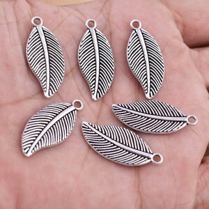 Silver Leaf Charms 27mm - 6pcs, Antique Silver Plated Leaf Charms