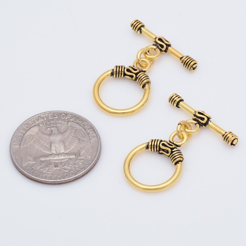 Gold Bali Style Clasps for Bracelets and Necklaces Gold Plated Closures 2 Set Antique Rope Gold Toggle Bar Clasps