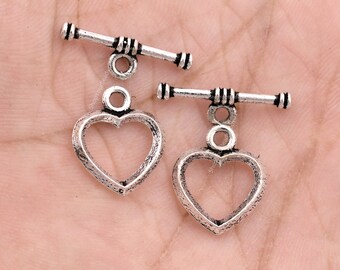 10 Sets Antique Silver Plated Heart Toggle Clasps, Jewelry Making