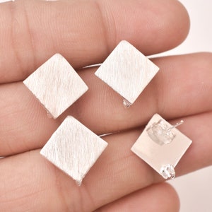 12mm - 4pcs Silver Brushed Square Studs Earring Connector, Silver Plated Earring Component, Earring Parts, Dangle Earring Making