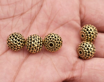 11mm -5pc Perles d’or, Perles d’espacement plaquées or antiques - Entretoises rondes de style Bali pour la fabrication de bijoux
