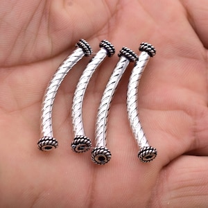 40mm - 4pcs Silver Tube Beads For, Antique Silver Plated Curved Tube Beads, Handmade Bali Style