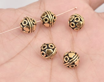 9mm - Perles d’or antiques 5pc, Perles plaquées or de style Bali pour la fabrication de bijoux, Perles d’entretoise d’or