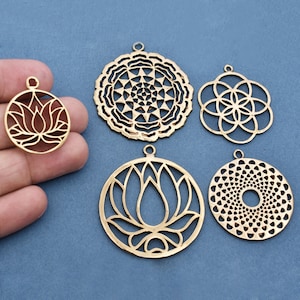 5 Chakra Charms Set, Raw Brass Sacred Geometry, Mandala Charms, Spiritual Yoga Pendants, Raw Brass findings