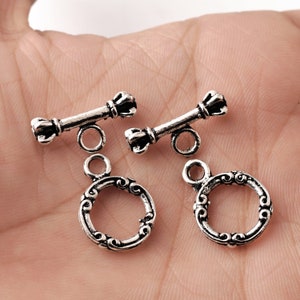 Silver Toggle Clasps 2 Set, Bali Antique Silver Plated, Round Toggle Bar