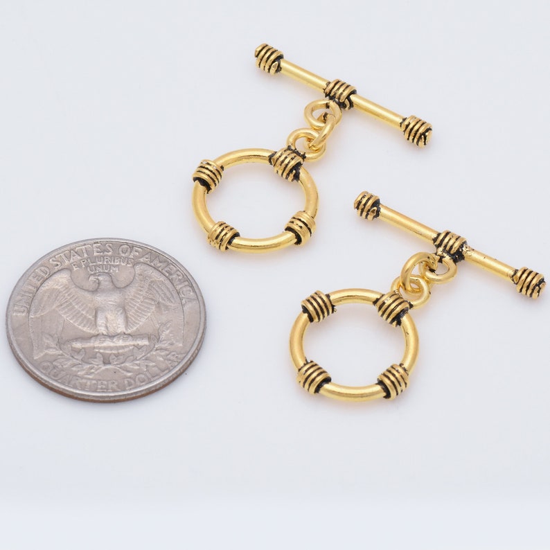 Gold Bali Style Clasps for Bracelets and Necklaces Gold Plated Closures 2 Set Antique Rope Gold Toggle Bar Clasps