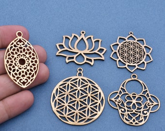 5 Chakra Charms Set, Raw Brass Sacred Geometry, Zen Charms, Spiritual Yoga Pendants, Raw Brass findings